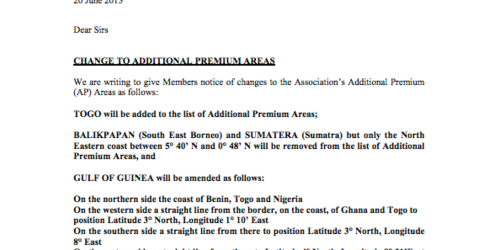 C2 2013 - AP Area Changes - Togo, Balikpapan, Sumatera, Gulf of Guinea