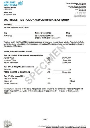 War Risks time policy and certificate of entry